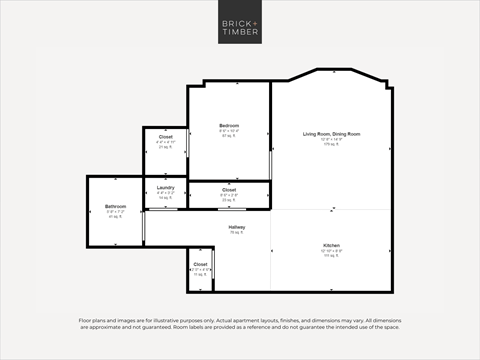 Floor plan for 1 bed, 1 bath, 614 sqft